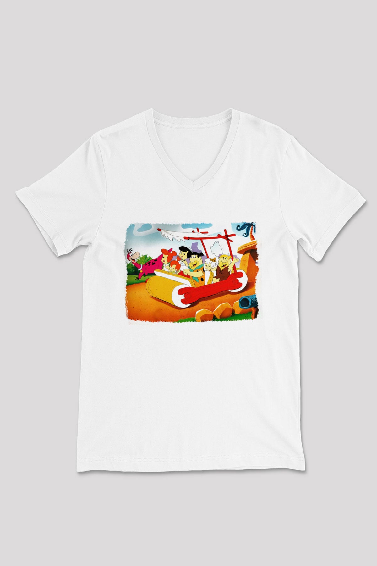 The Flintstones Taş Devri Beyaz Unisex V Yaka Tişört