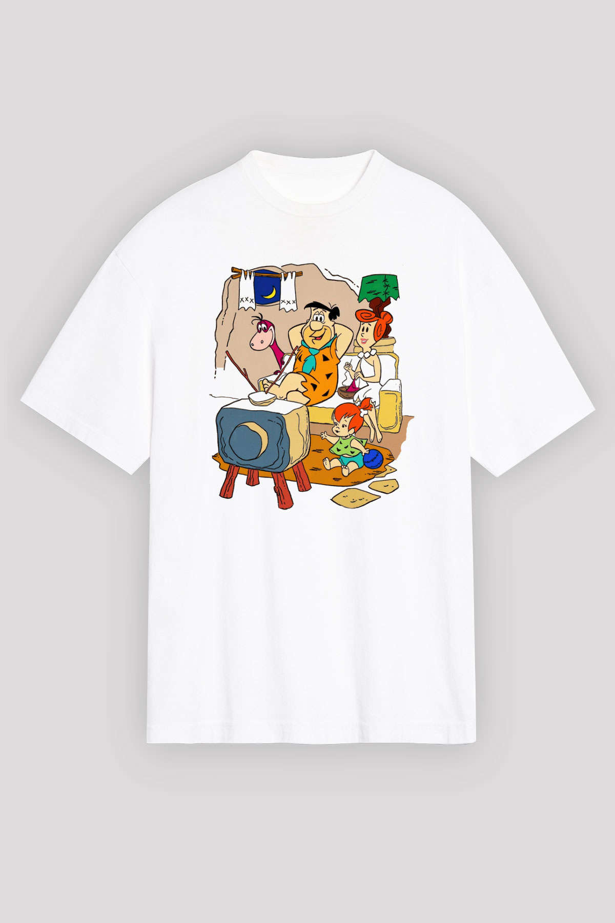 The Flintstones Taş Devri Beyaz Unisex Oversize Tişört