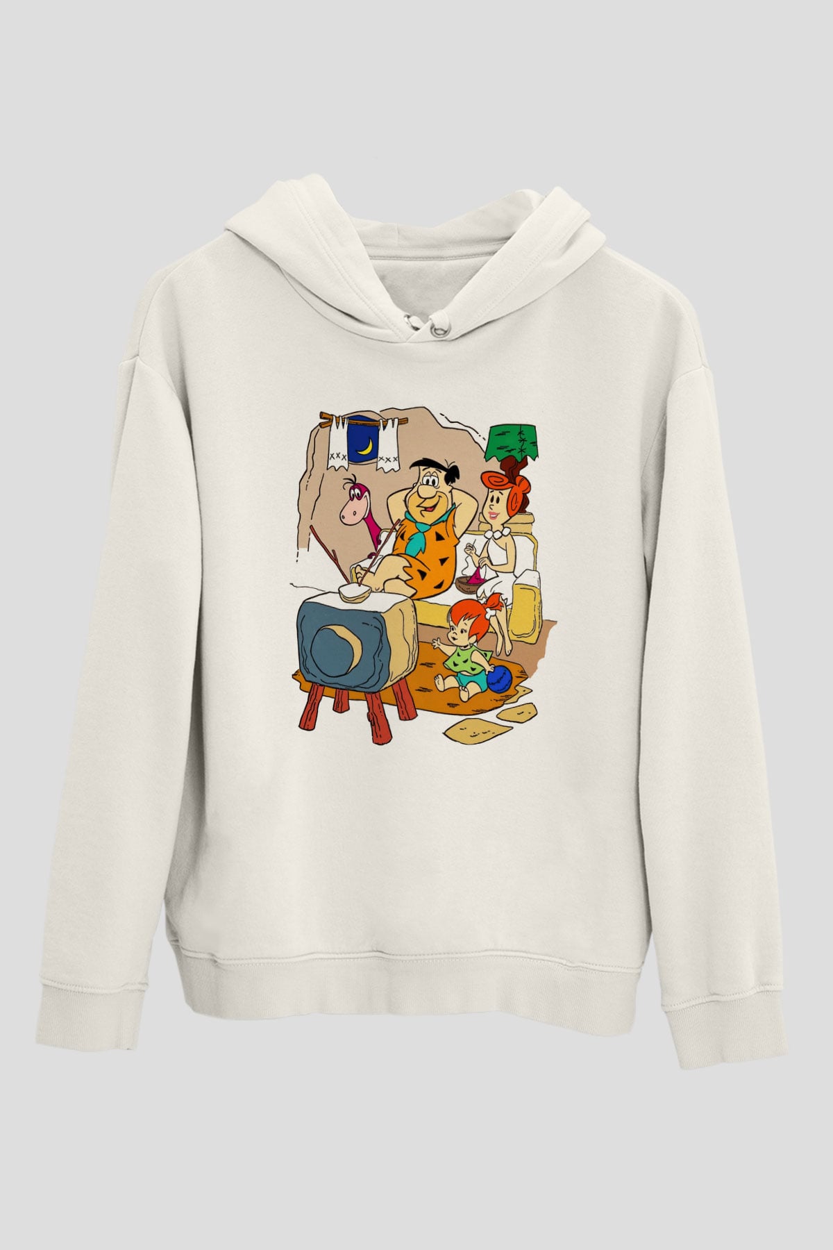 The Flintstones Taş Devri Beyaz Unisex Kapşonlu Sweatshirt