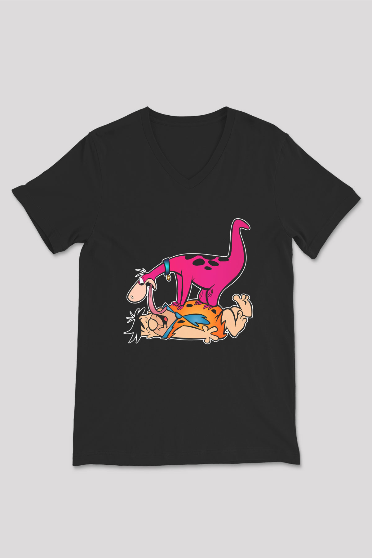 The Flintstones Taş Devri Siyah Unisex V Yaka Tişört