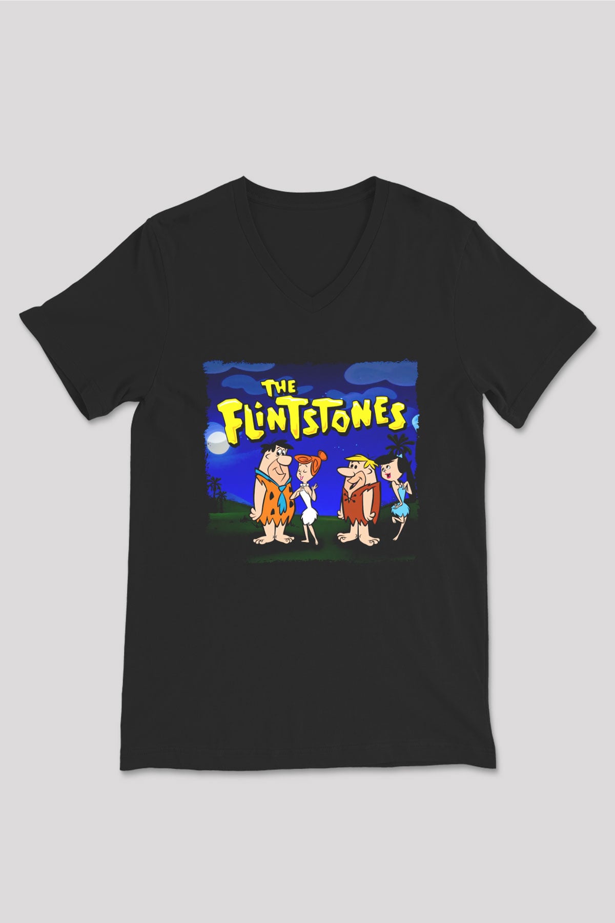 The Flintstones Taş Devri Siyah Unisex  V Yaka Tişört