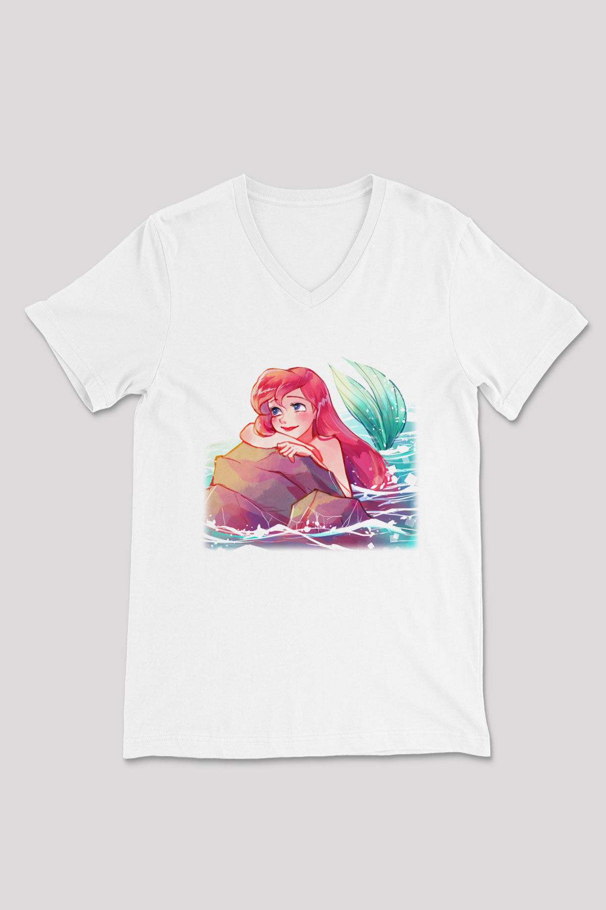 The Little Mermaid Beyaz Unisex V Yaka Tişört T-Shirt