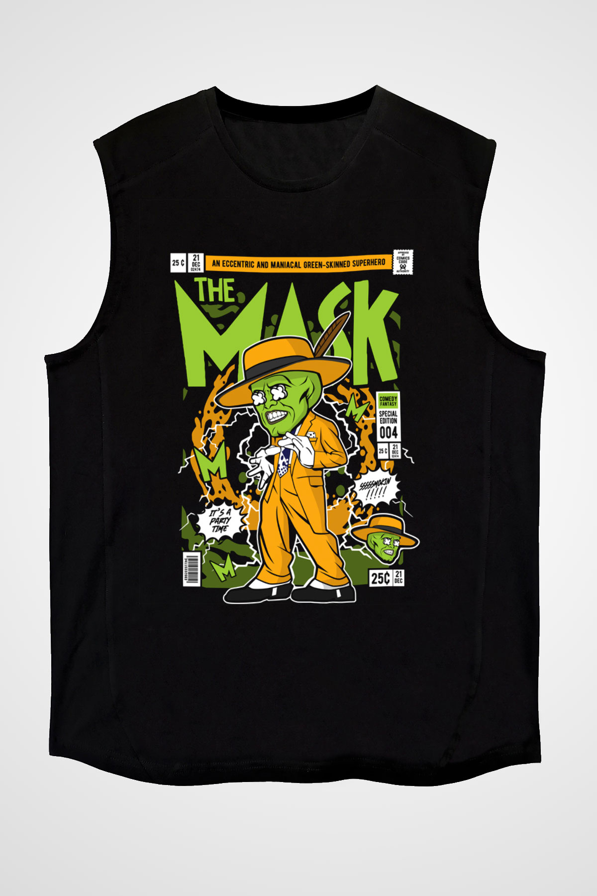 The Mask Yeşil Maske Baskılı Unisex Siyah Kolsuz Tişört
