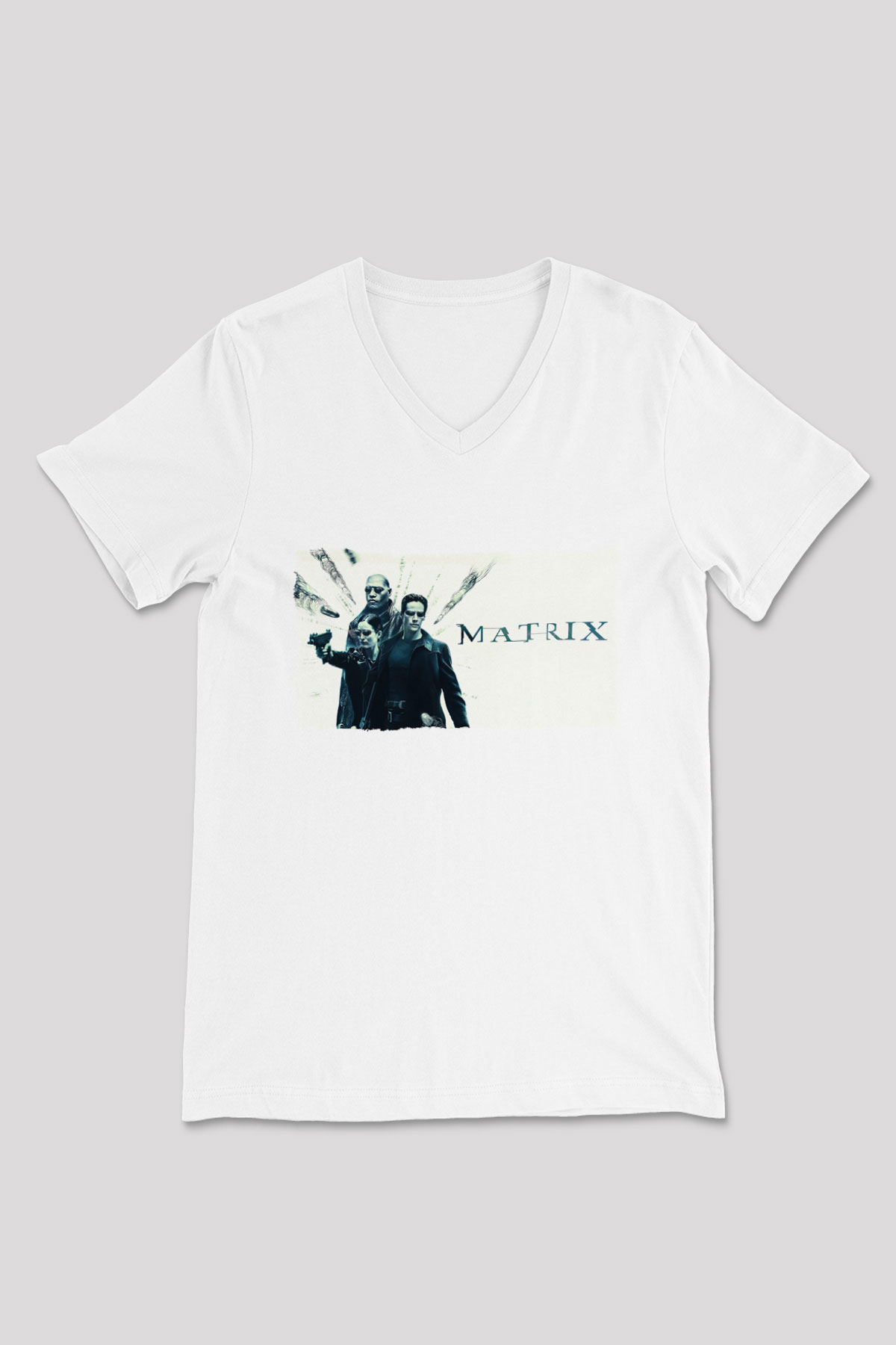 The Matrix Beyaz Unisex V Yaka Tişört