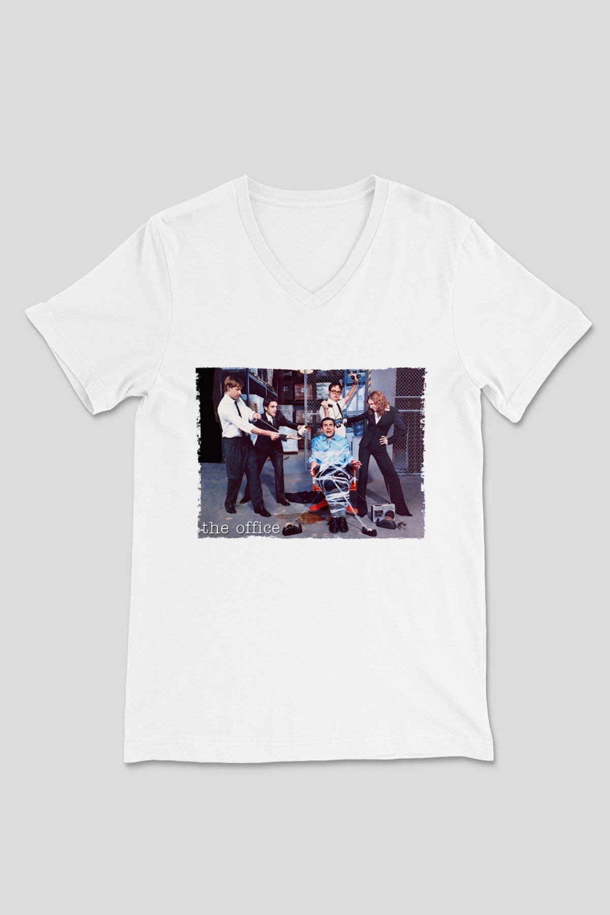 The Office Baskılı Beyaz Unisex V Yaka Tshirt