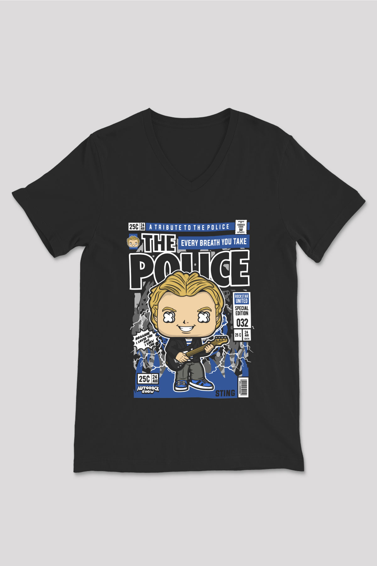 The Police Sting Baskılı Unisex Siyah V Yaka Tişört