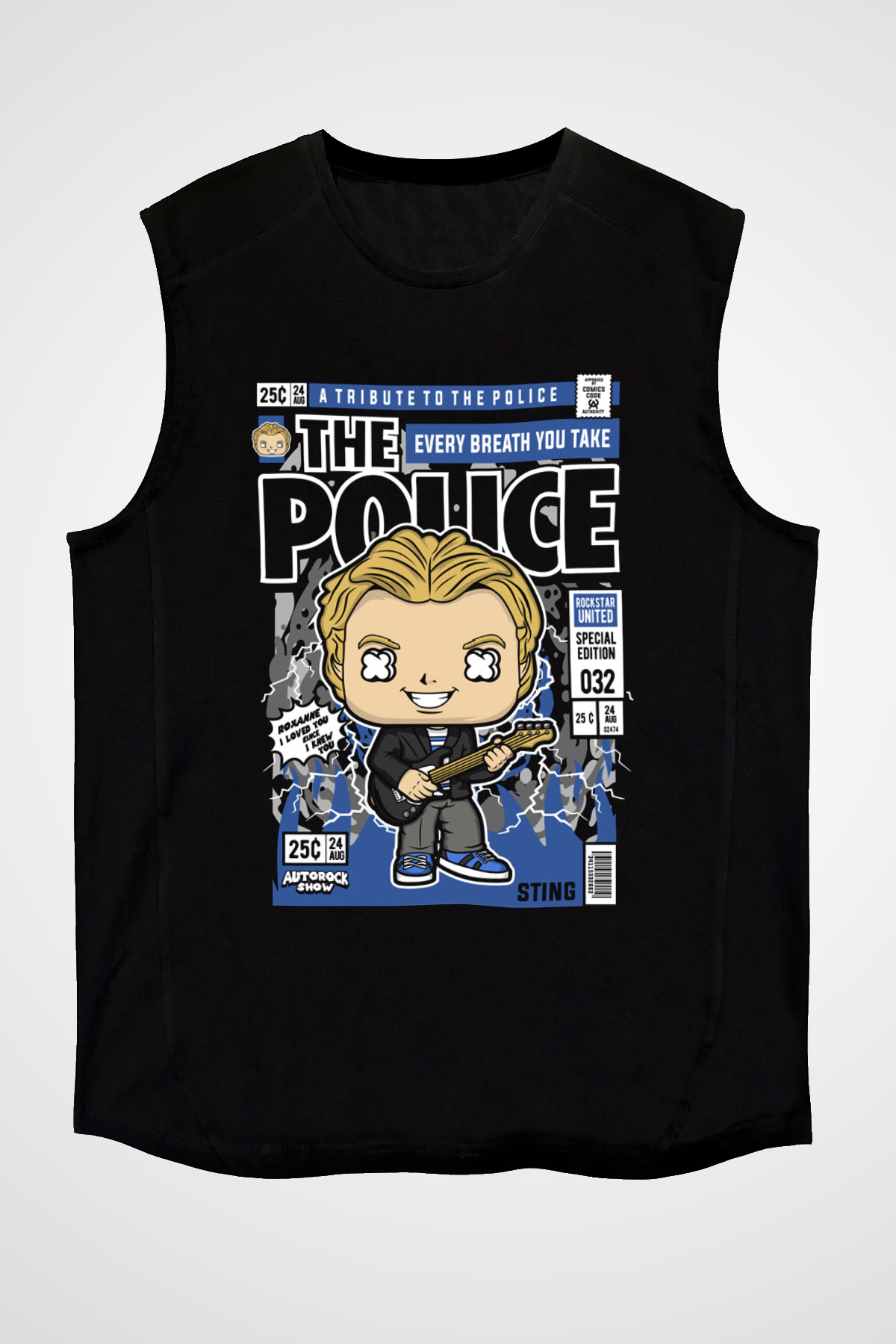 The Police Sting Baskılı Unisex Siyah Kolsuz Tişört