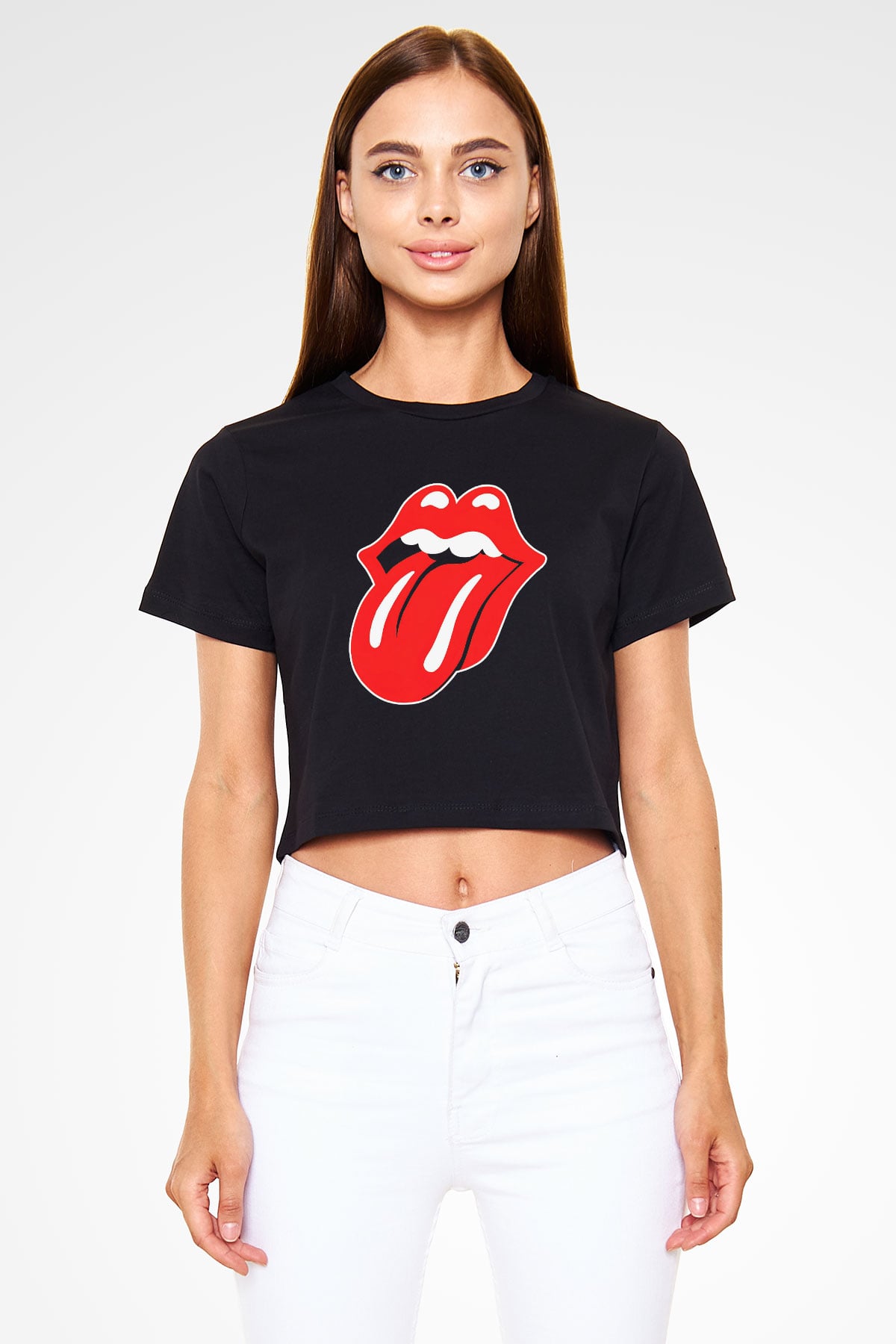 The Rolling Stones Logo Siyah Crop Top Tişört