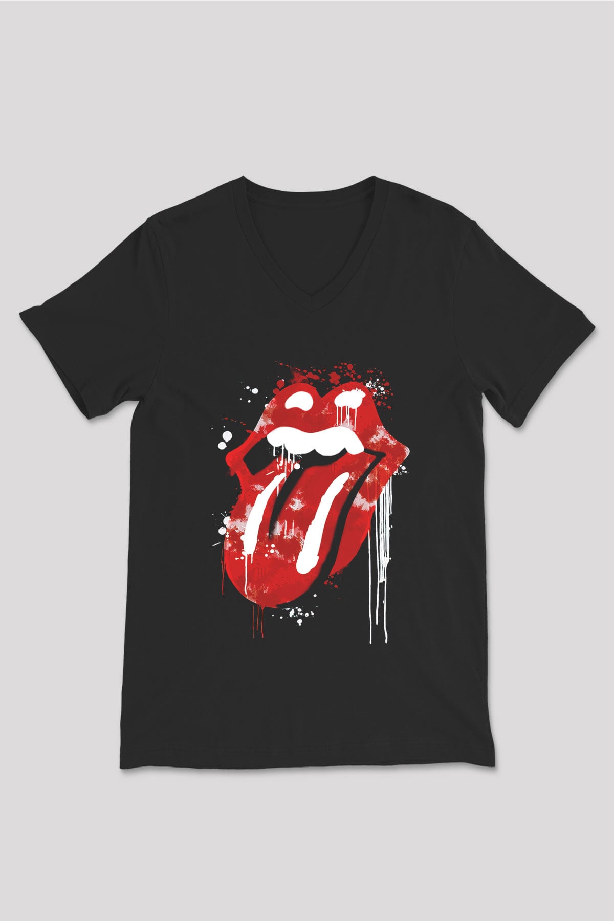 The Rolling Stones Logo Siyah Unisex V Yaka Tişört T-Shirt
