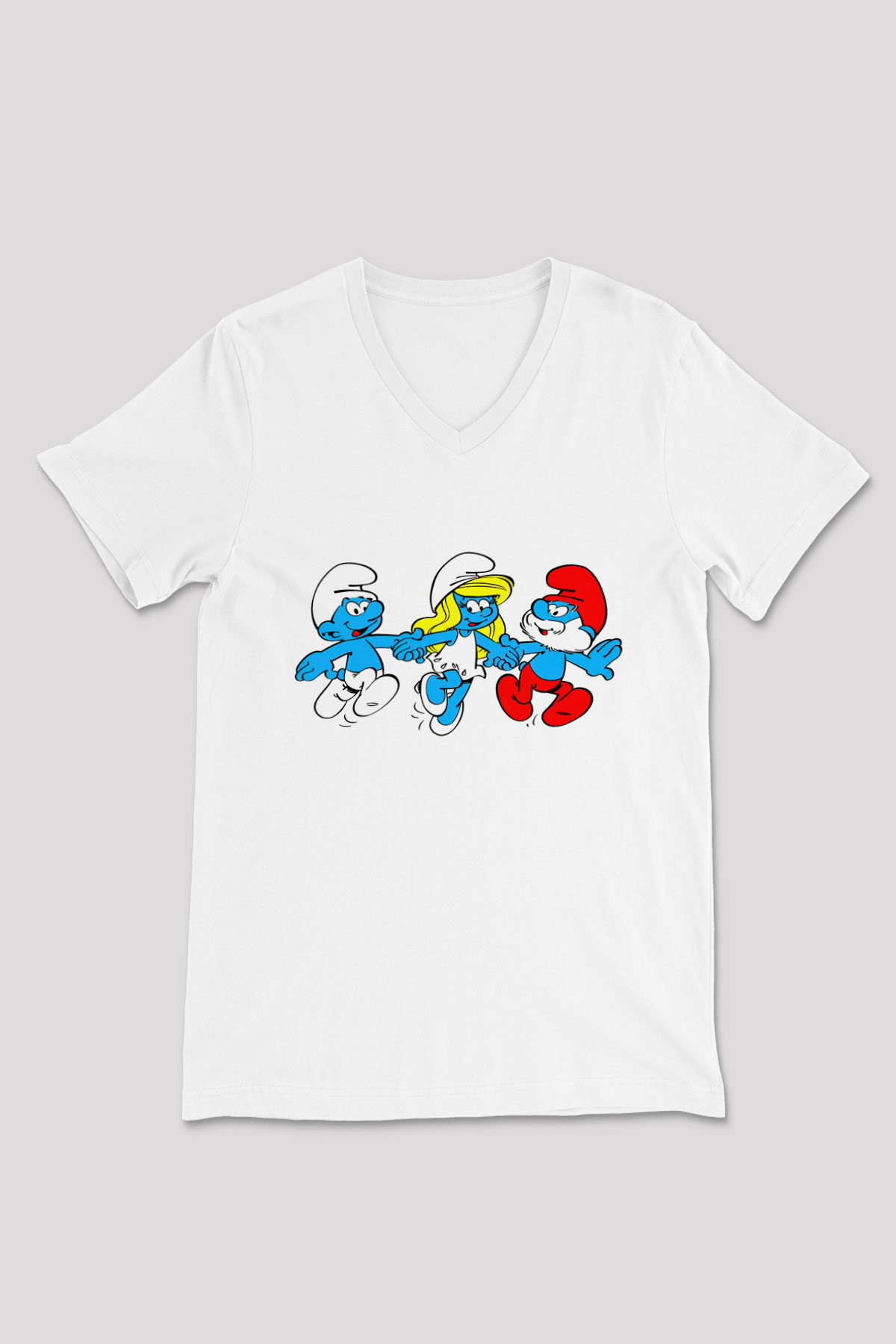 The Smurfs Şirinler Beyaz Unisex  V Yaka Tişört