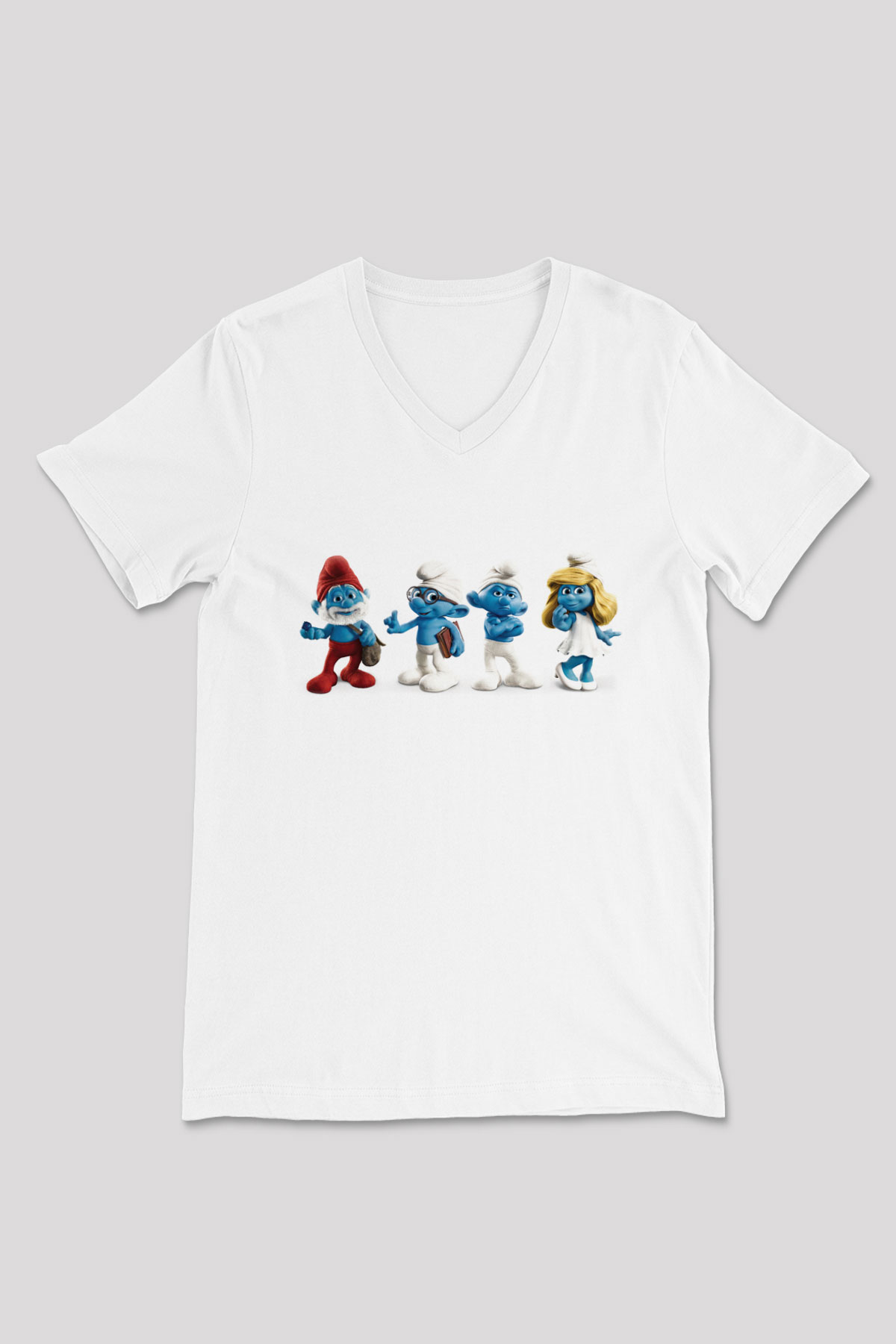 The Smurfs Şirinler Beyaz Unisex  V Yaka Tişört
