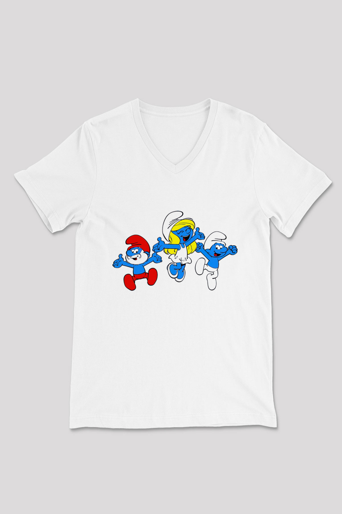 The Smurfs Şirinler Beyaz Unisex  V Yaka Tişört