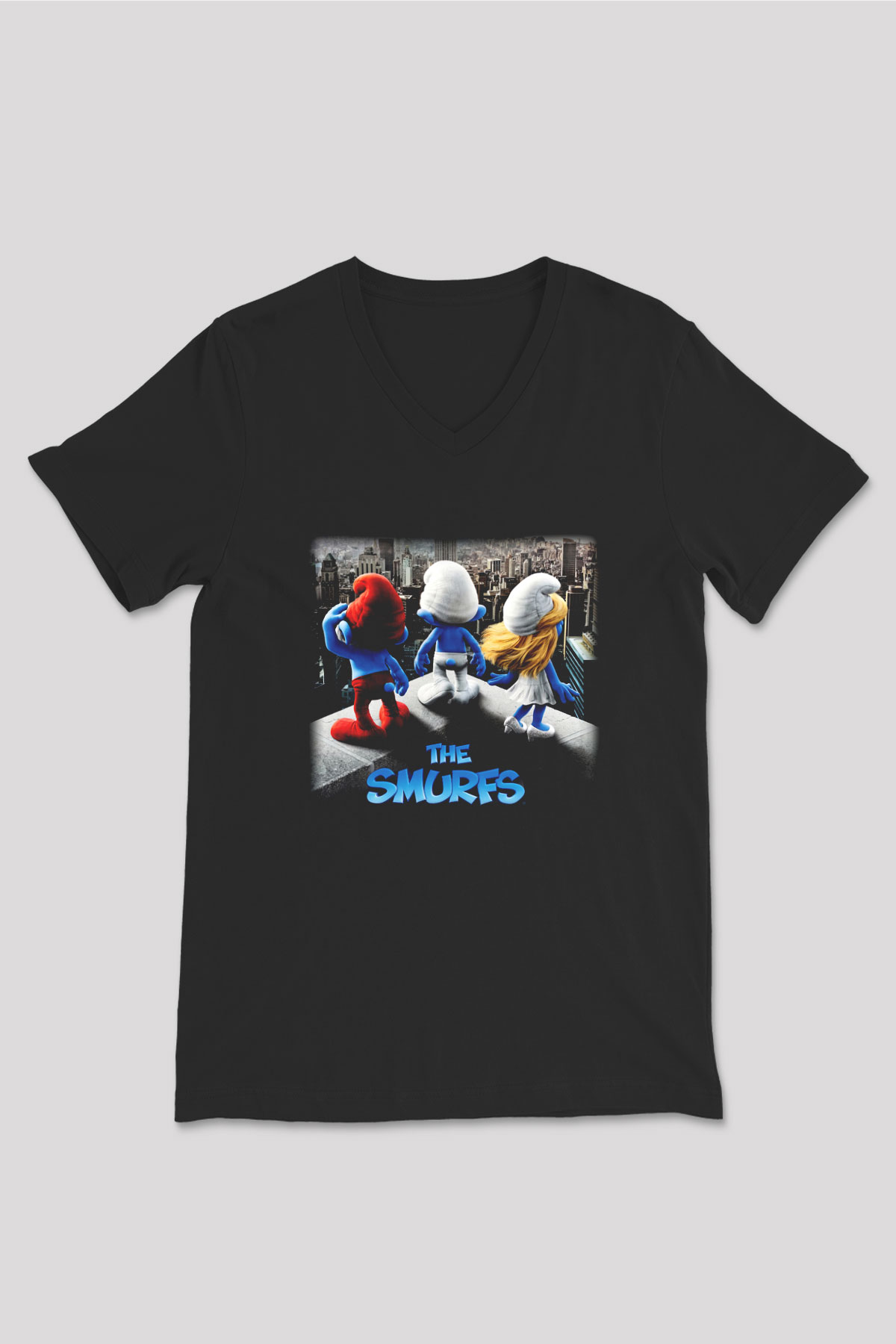 The Smurfs Şirinler Siyah Unisex V Yaka Tişört