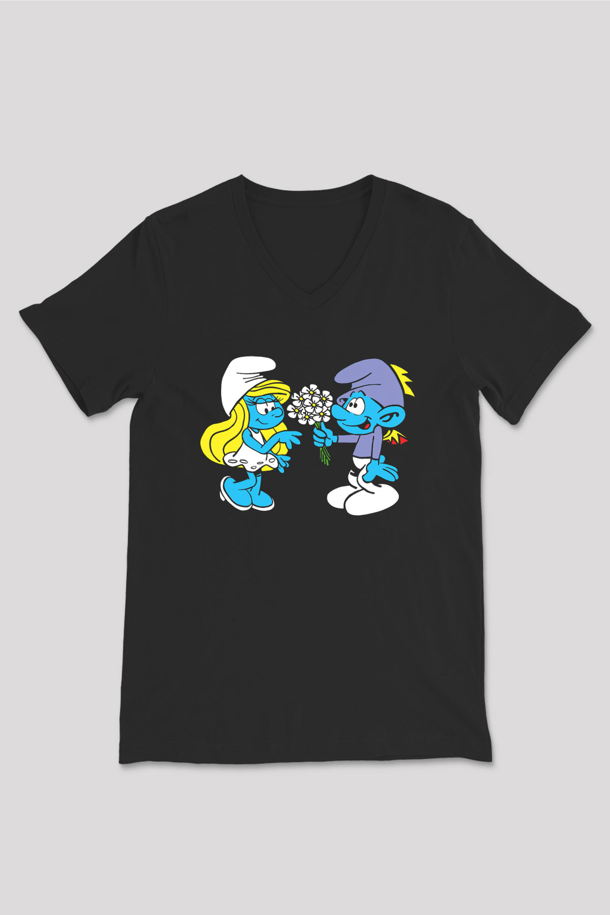 The Smurfs Şirinler Siyah Unisex  V Yaka Tişört