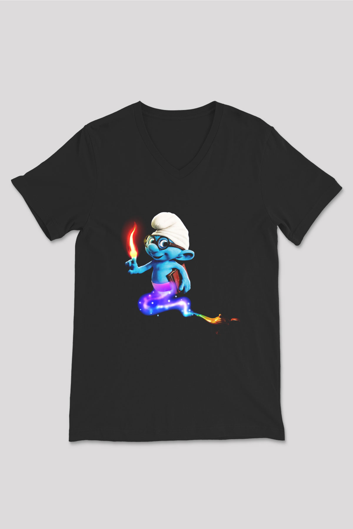 The Smurfs Şirinler Siyah Unisex V Yaka Tişört