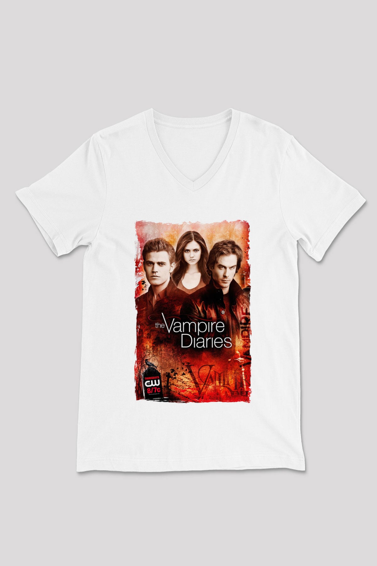 The Vampire Diaries Beyaz Unisex V Yaka Tişört