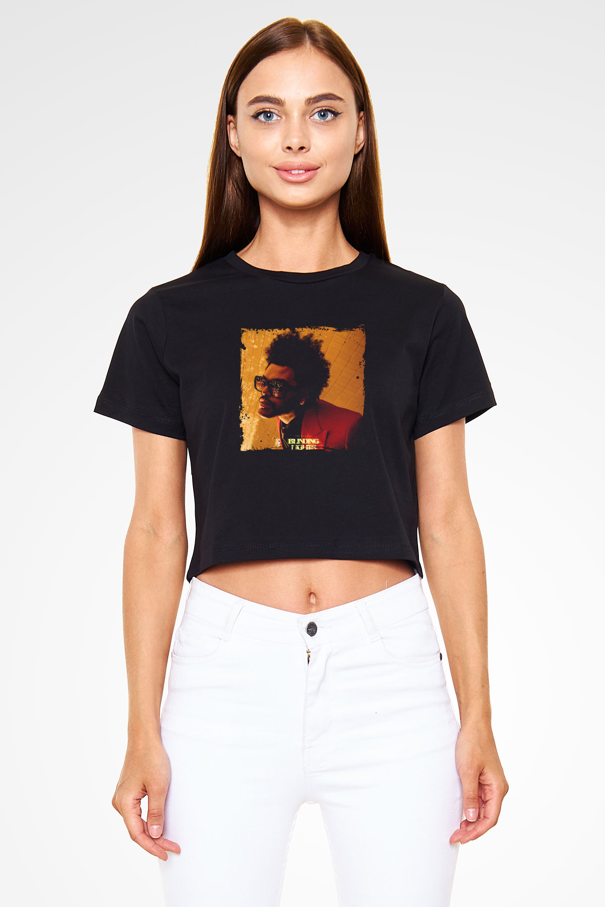 The Weeknd Baskılı Crop Top Siyah Kadın Tişört