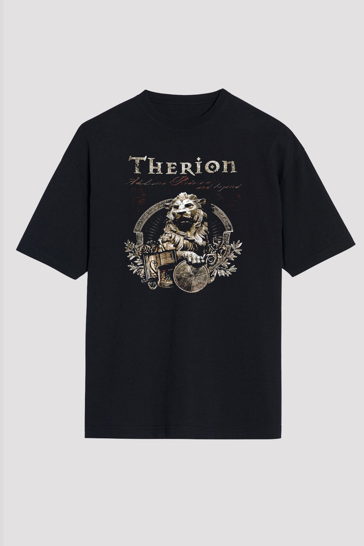Therion Baskılı Unisex Siyah Oversize Tişört - Tshirt