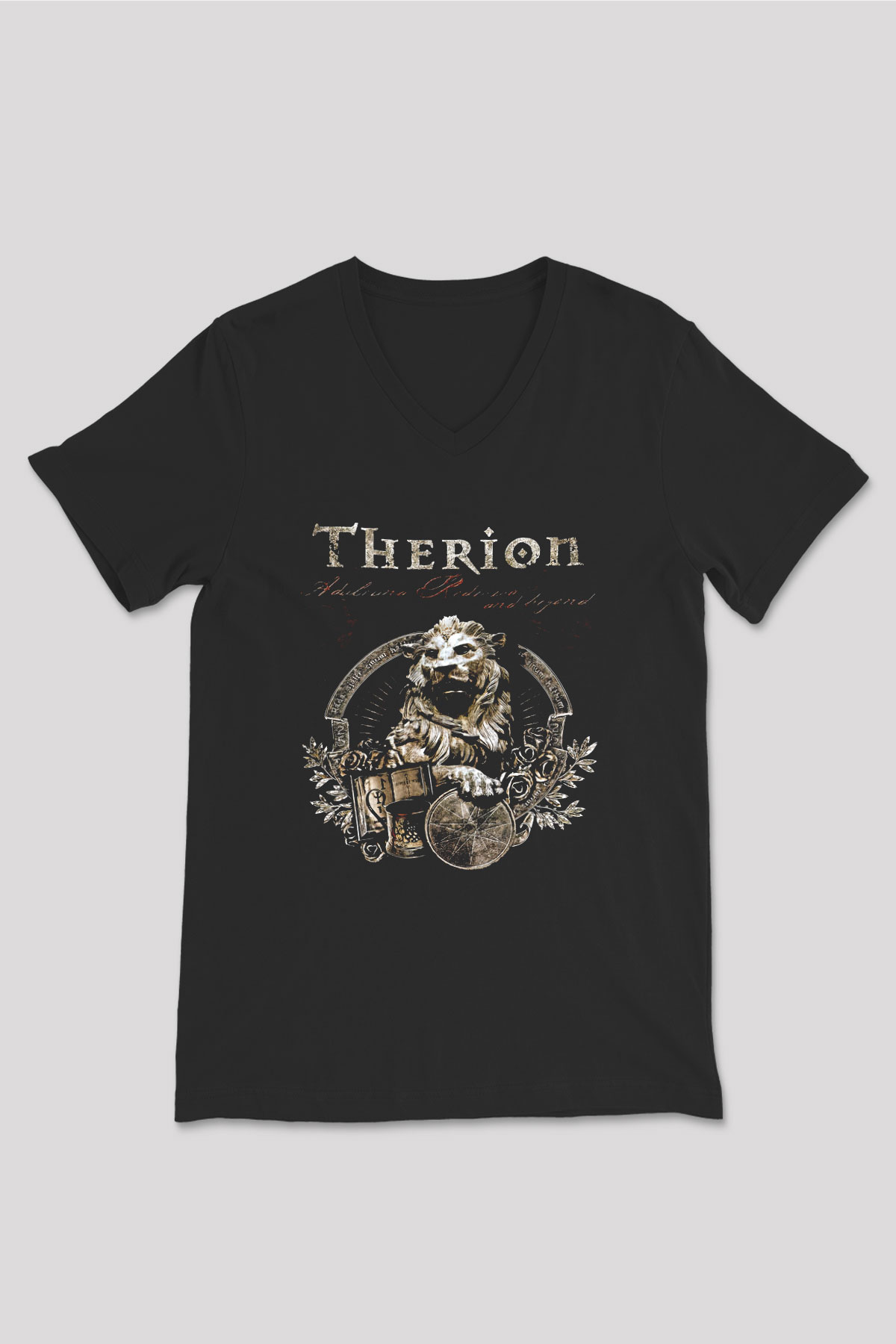 Therion Baskılı Unisex Siyah V Yaka Tişört - Tshirt