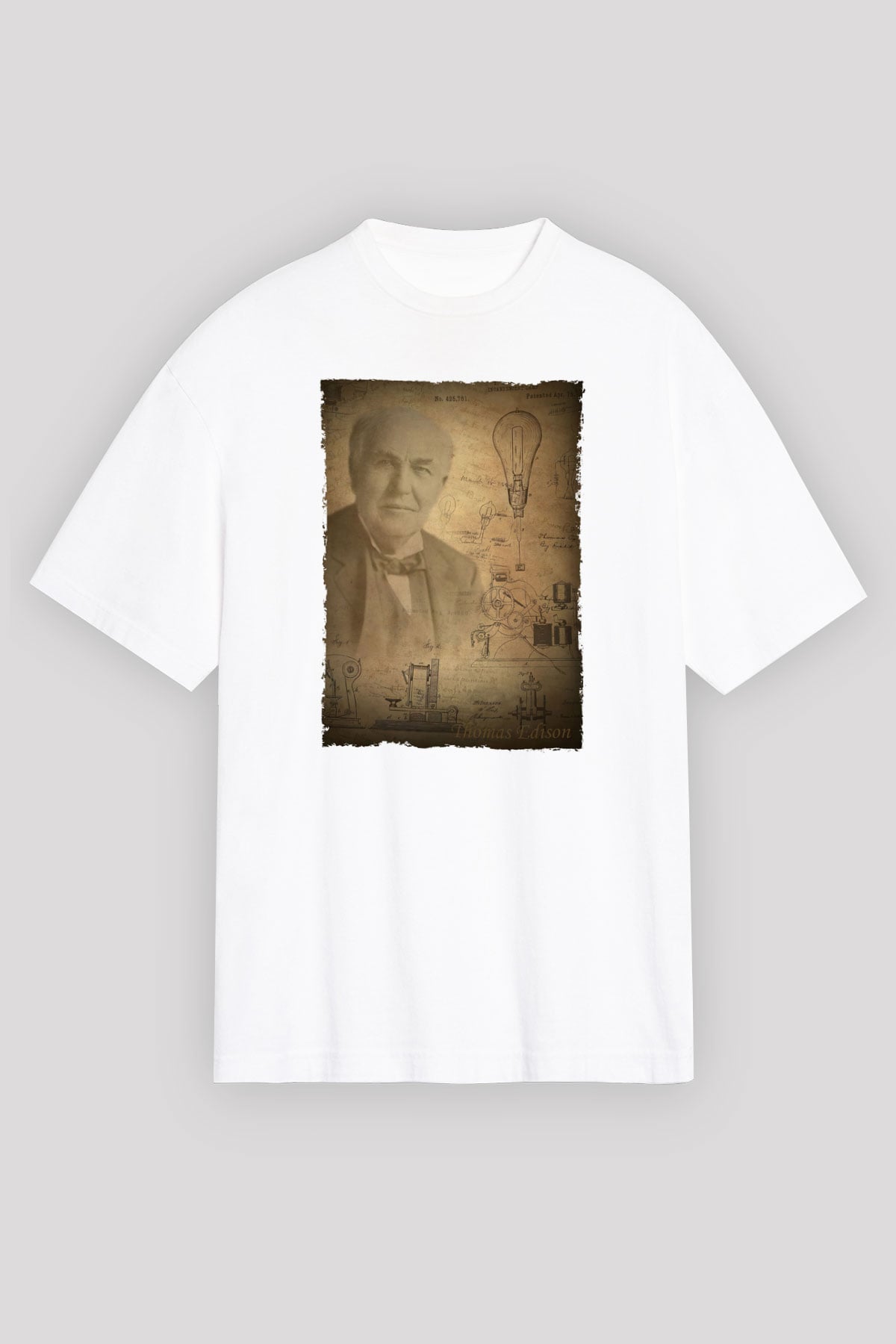 Thomas Edison Baskılı Unisex Oversize Beyaz Tişört - Tshirt