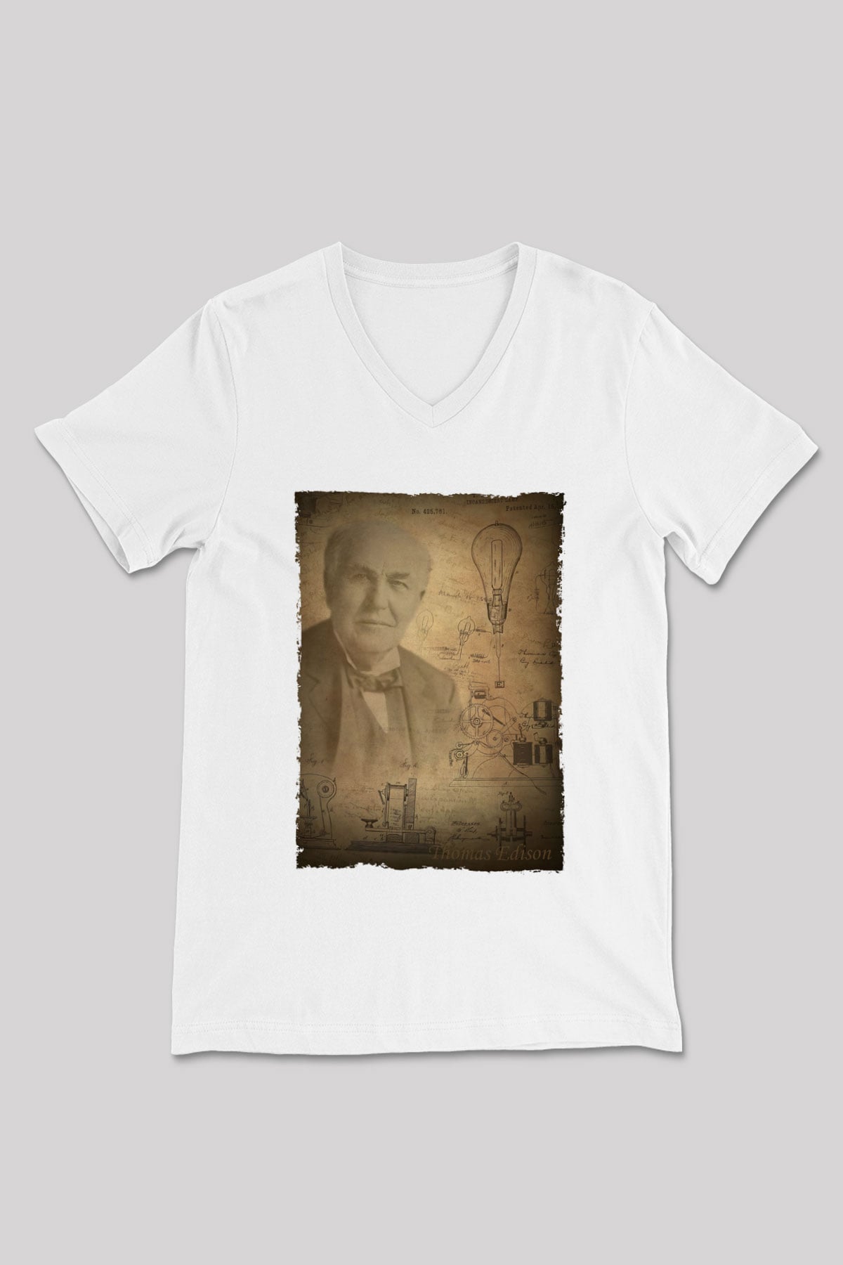 Thomas Edison Baskılı Unisex V Yaka Beyaz Tişört - Tshirt