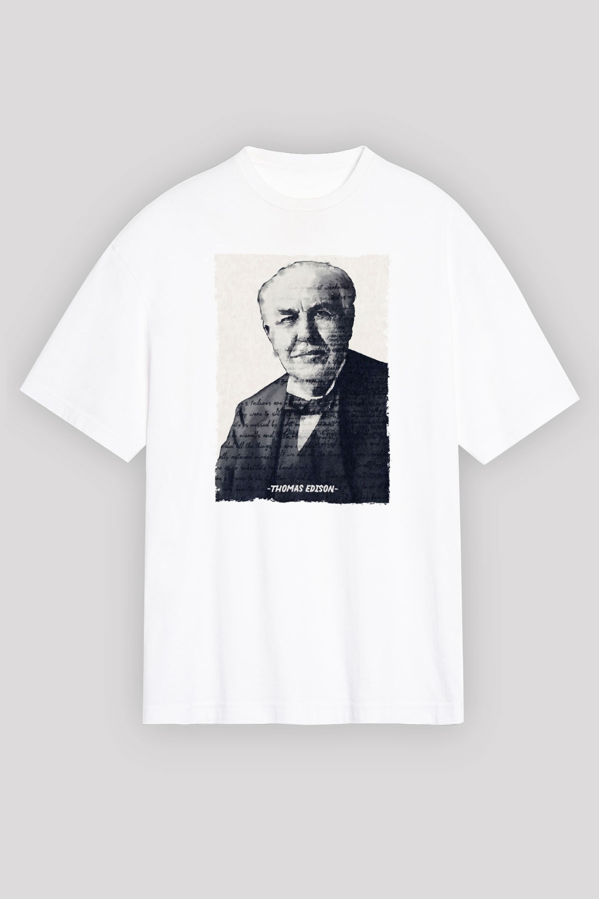 Thomas Edison Renkli Portre Baskılı Unisex Oversize Beyaz Tişört - Tshirt