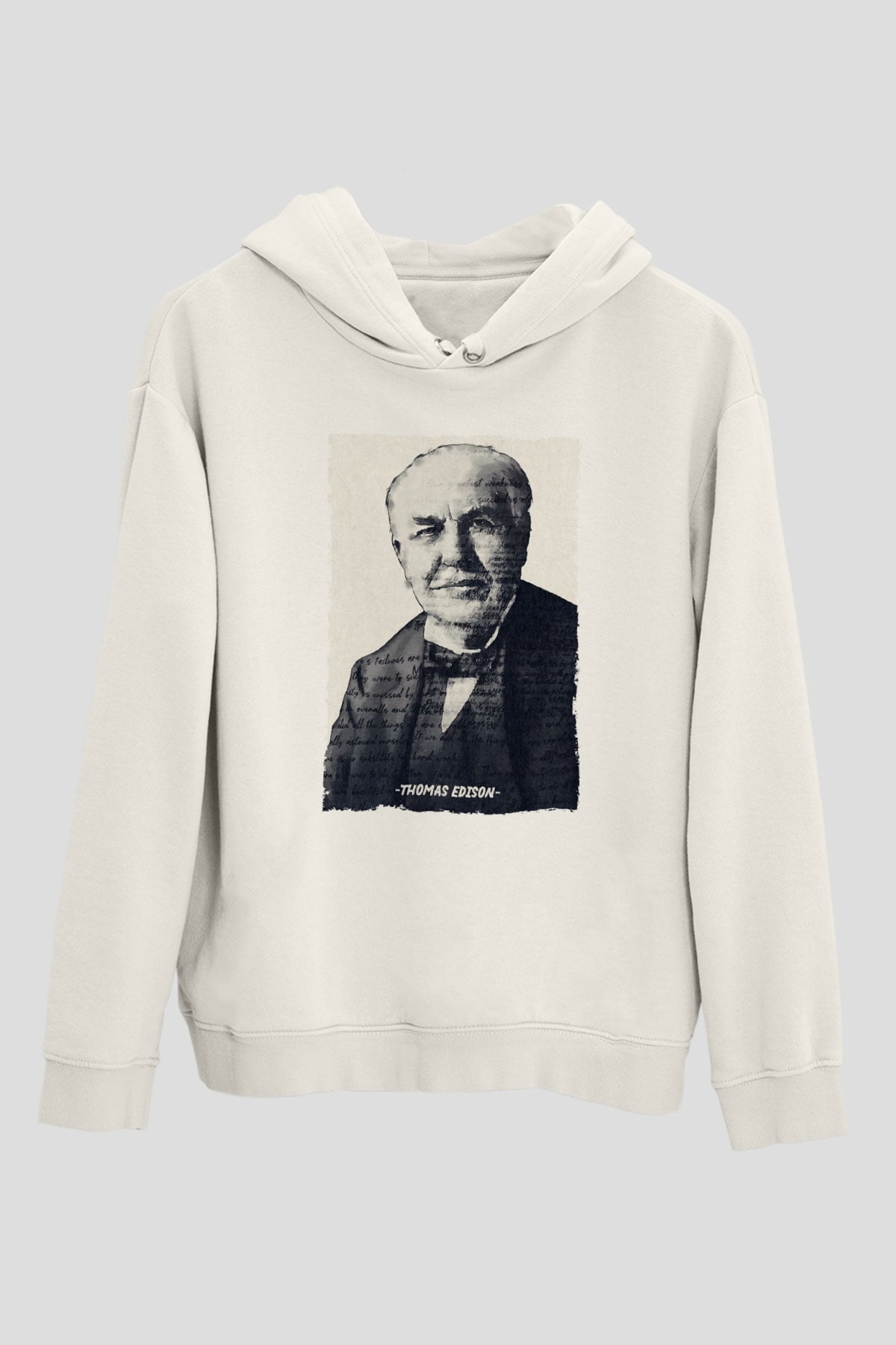 Thomas Edison Renkli Portre Baskılı Unisex Ekru Hoodie