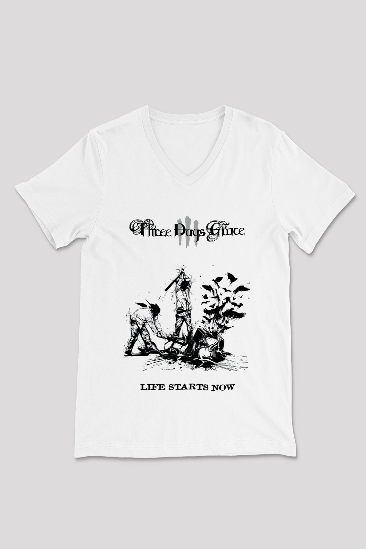 Three Days Grace Beyaz Unisex V Yaka Tişört T-Shirt