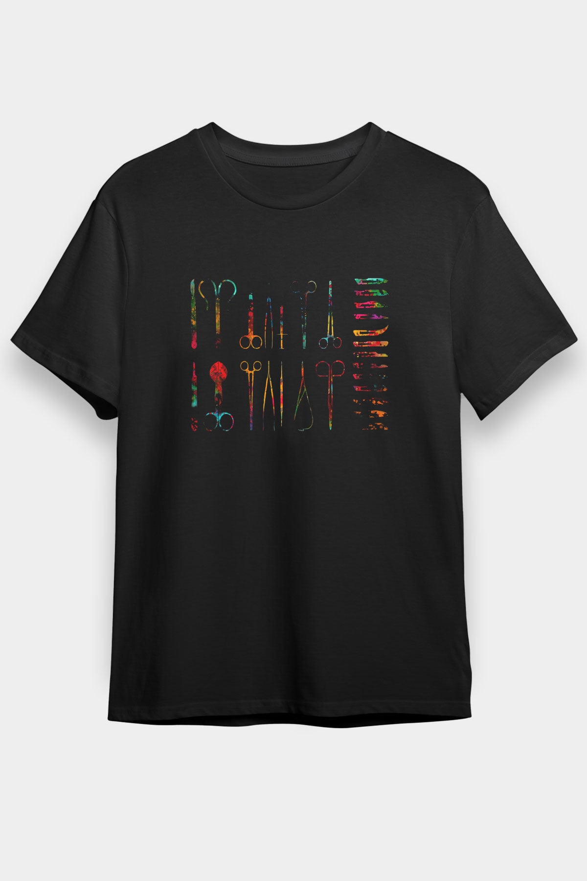 Tıbbi Aletler Baskılı Unisex Siyah Tişört - Tshirt