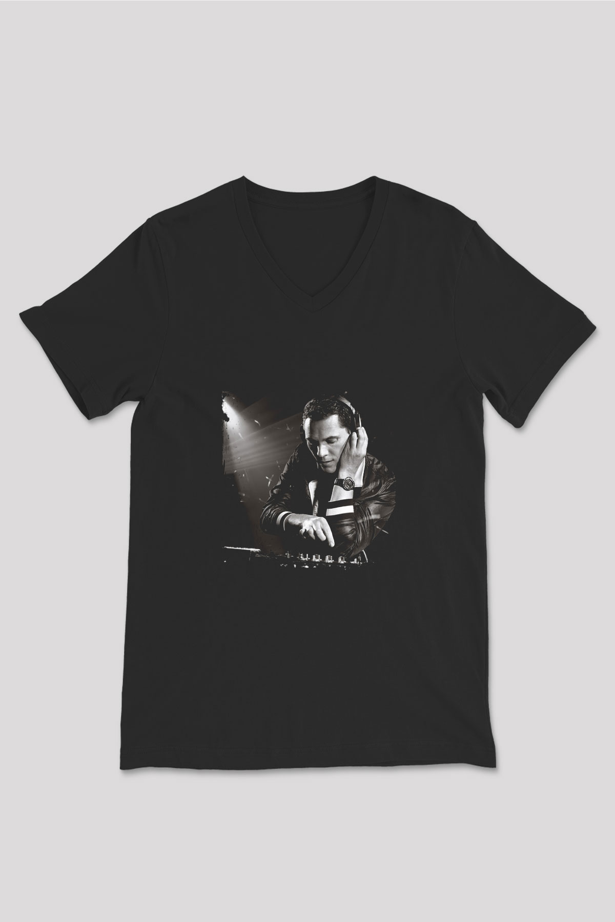 Tiesto Baskılı Unisex Siyah V Yaka Tişört