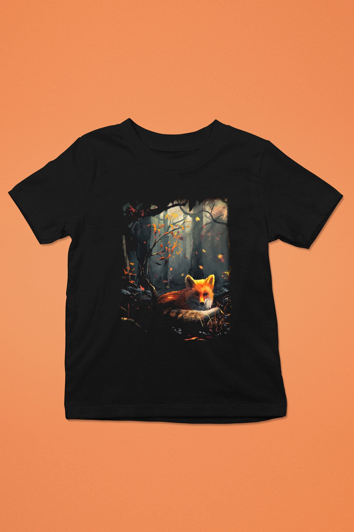 Tilki Baskılı Siyah Unisex Çocuk Tişört