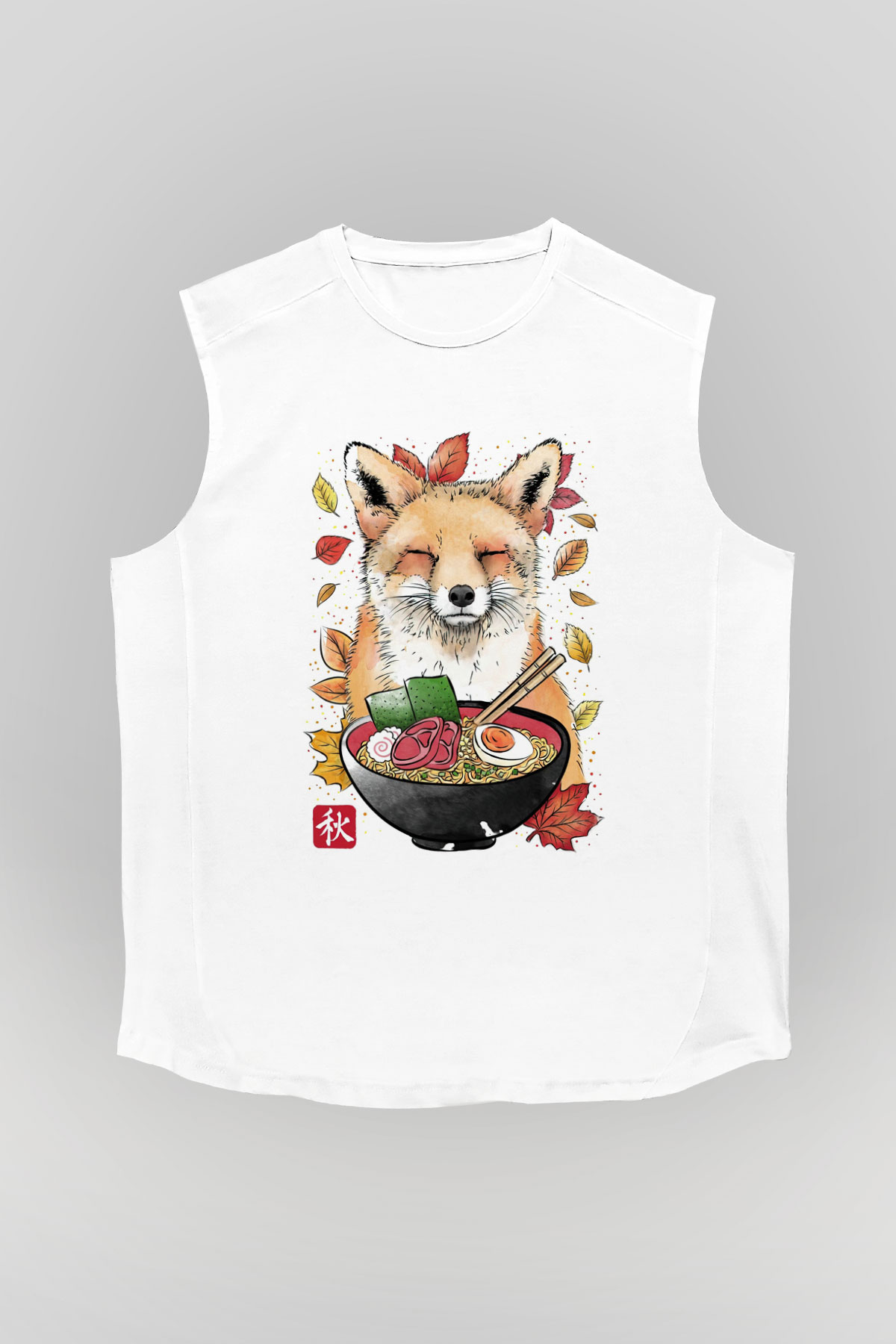 Tilki Baskılı Unisex Beyaz  Kolsuz Tişört
