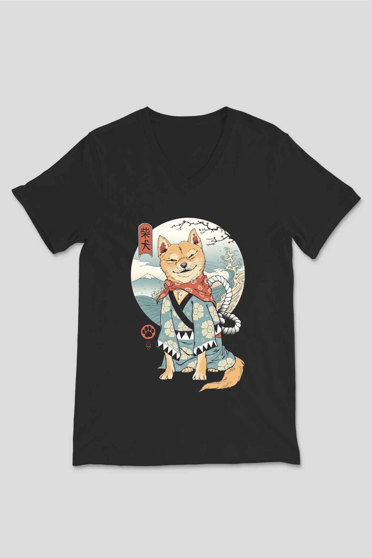 Tilki Baskılı Unisex Siyah  V Yaka Tişört