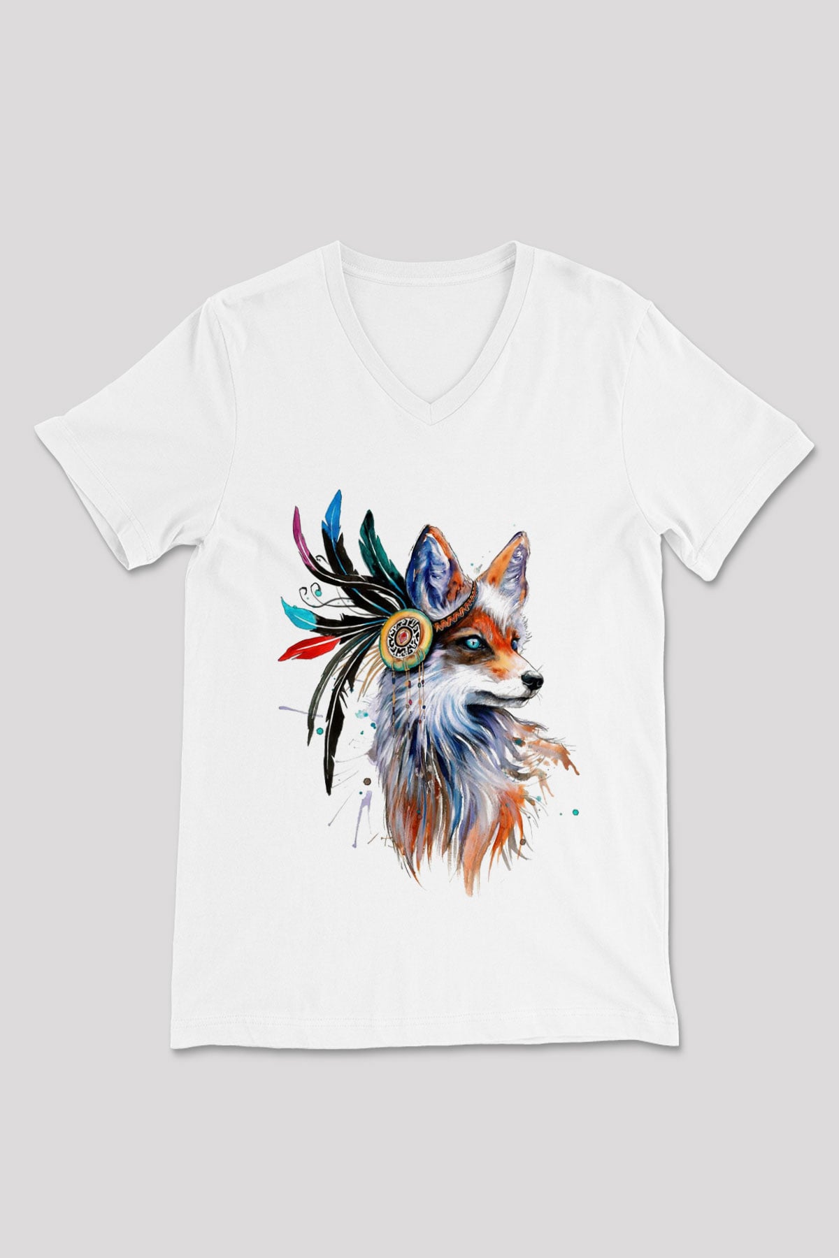 Tilki Beyaz Unisex V Yaka Tişört T-Shirt