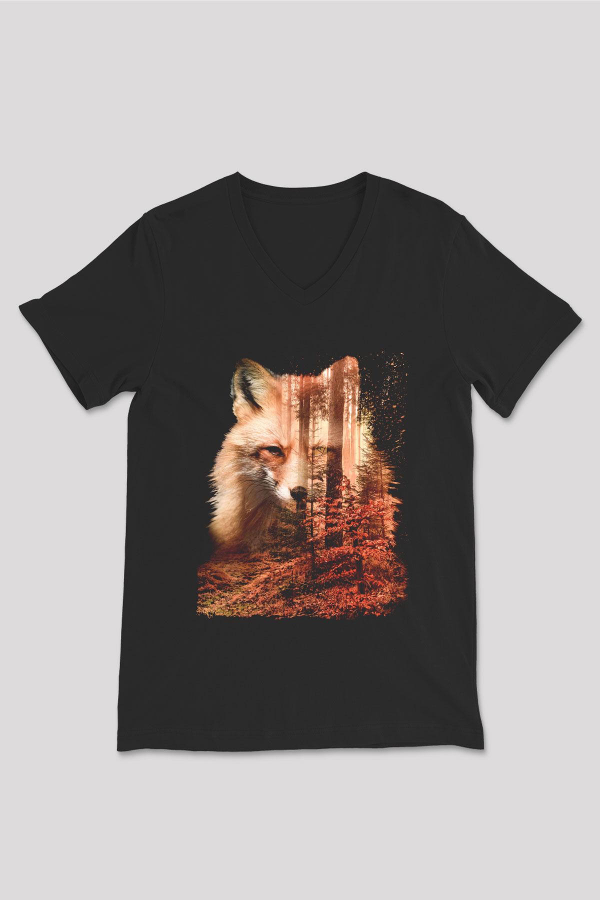 Tilki Siyah Unisex V Yaka Tişört