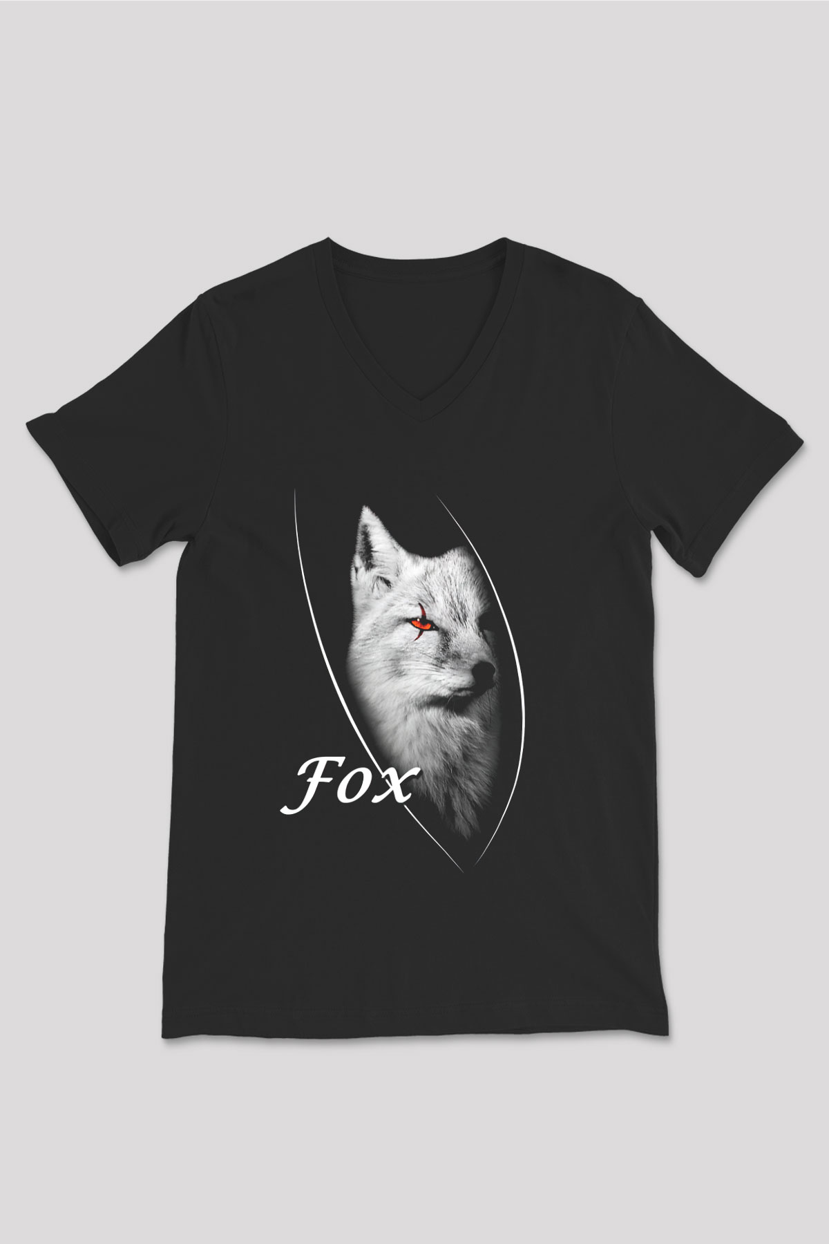 Tilki Siyah Unisex V Yaka Tişört T-Shirt