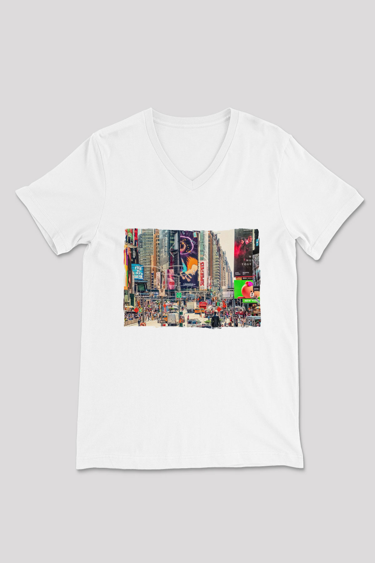 Times Square Beyaz Unisex V Yaka Tişört