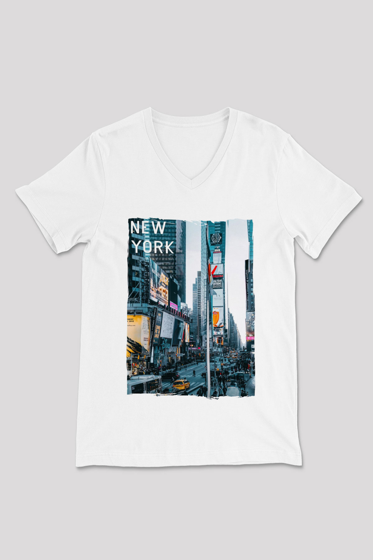 Times Square Beyaz Unisex V Yaka Tişört