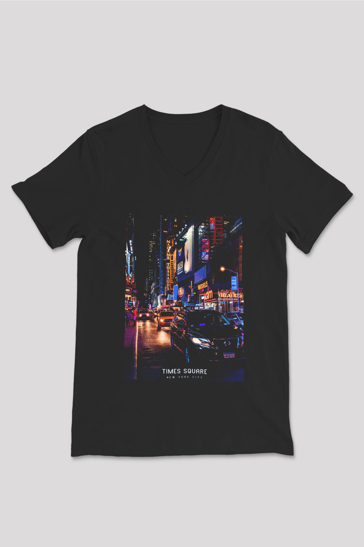 Times Square Siyah Unisex V Yaka Tişört