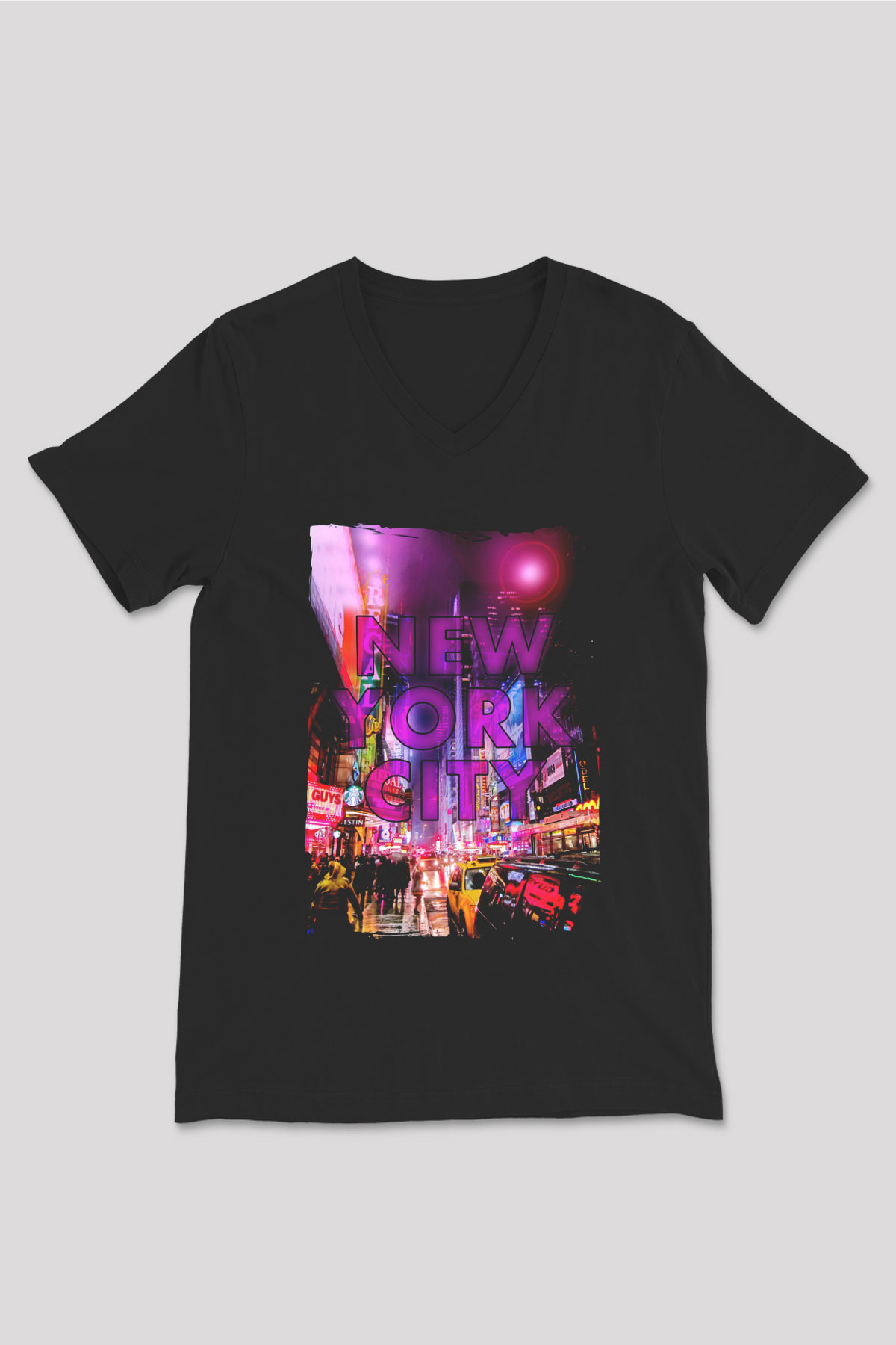 Times Square Siyah Unisex V Yaka Tişört