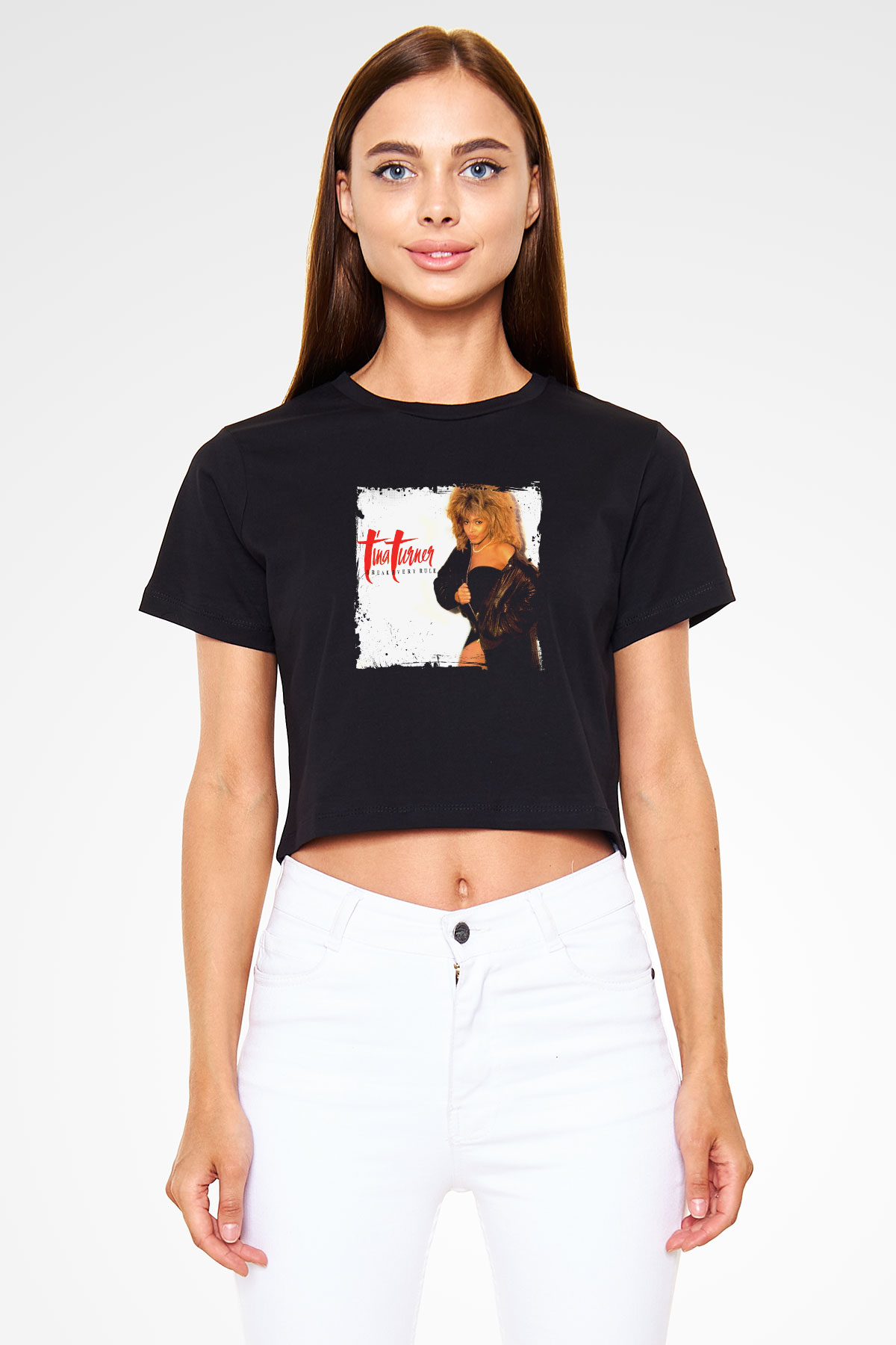 Tine Turner Baskılı Crop Top Siyah Kadın Tişört
