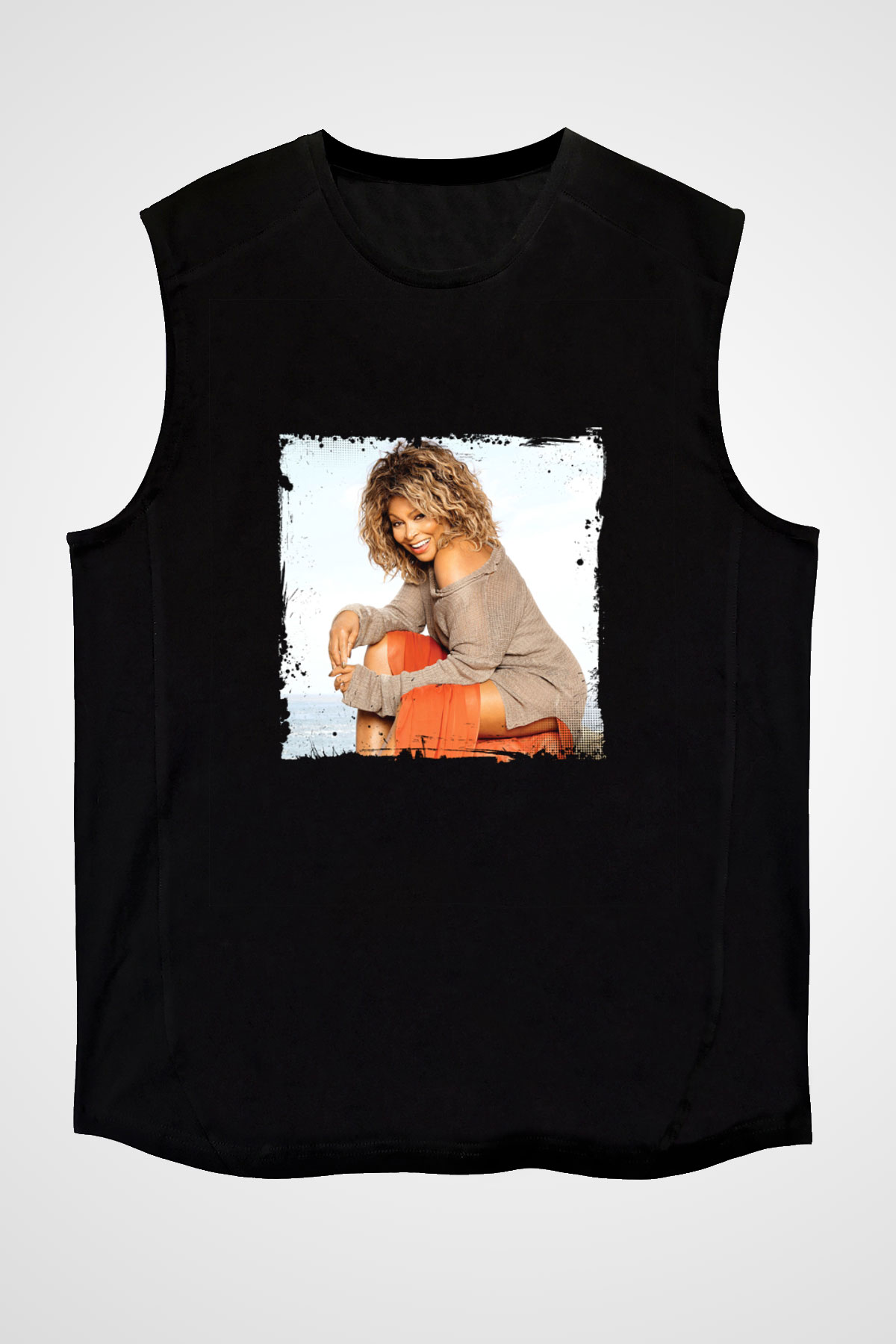 Tine Turner Baskılı Unisex Siyah Kolsuz Tişört