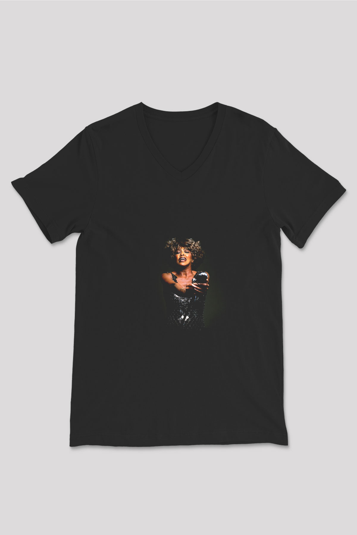Tine Turner Baskılı Unisex Siyah V Yaka Tişört
