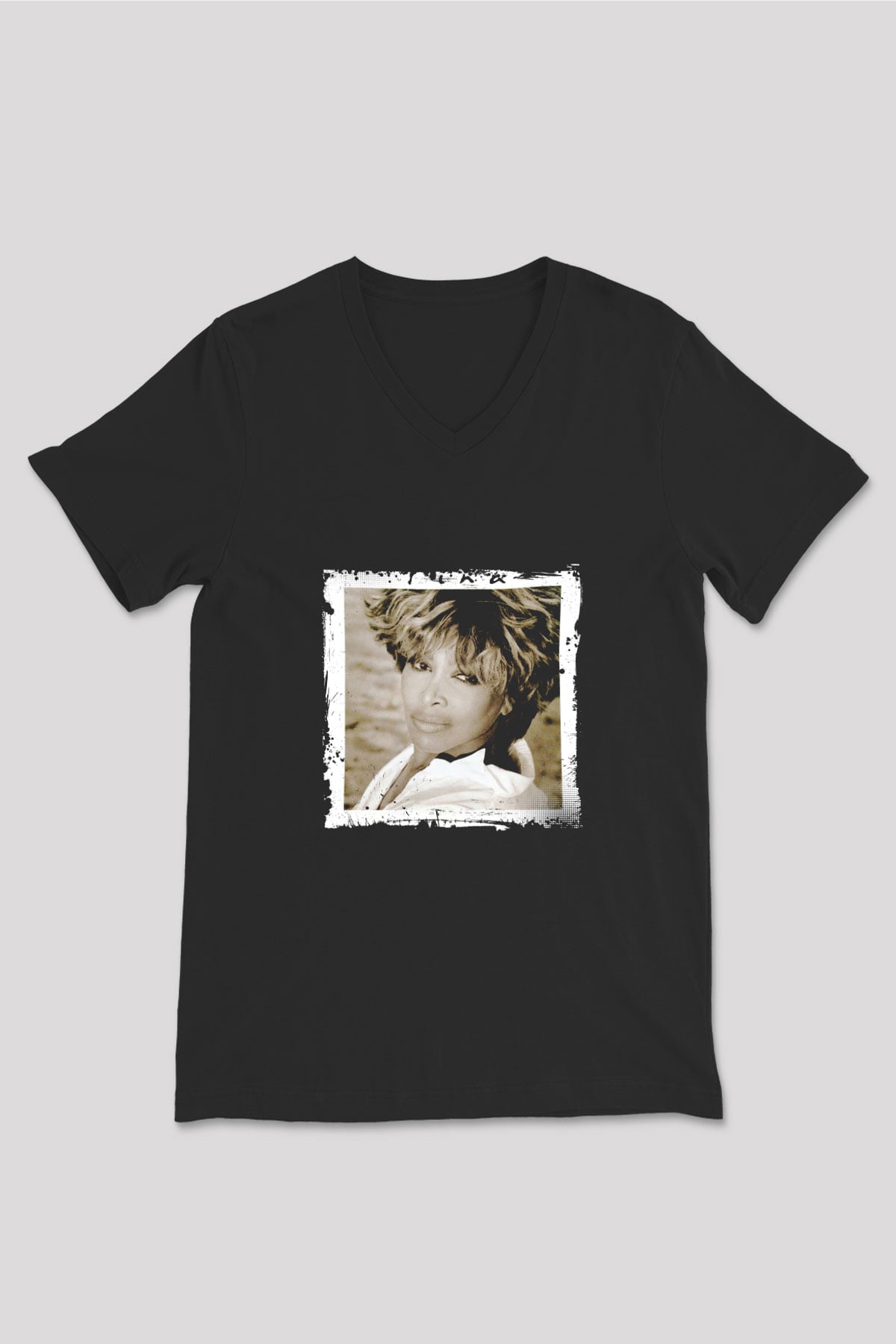 Tine Turner Baskılı Unisex Siyah V Yaka Tişört