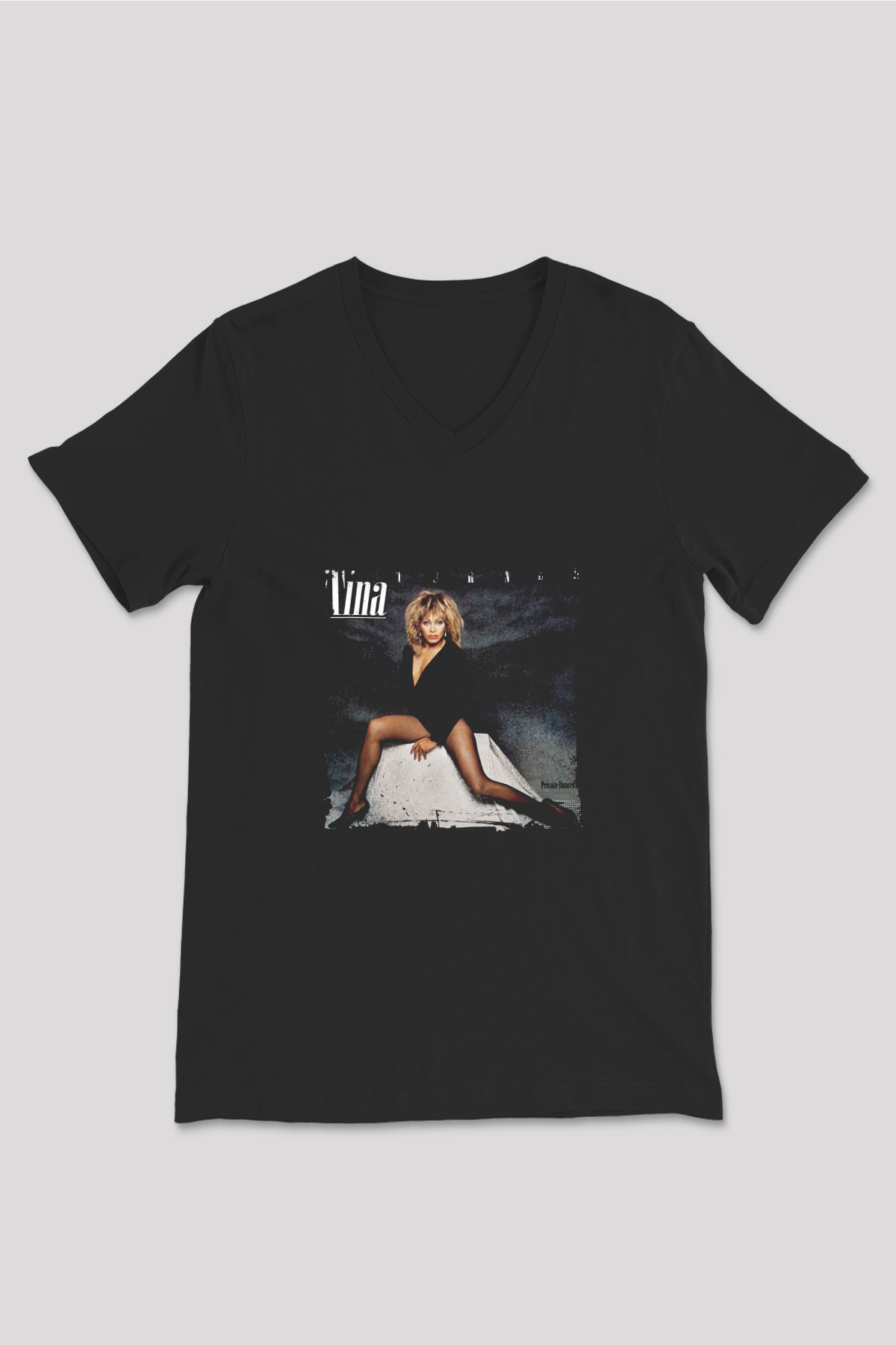 Tine Turner Baskılı Unisex Siyah V Yaka Tişört