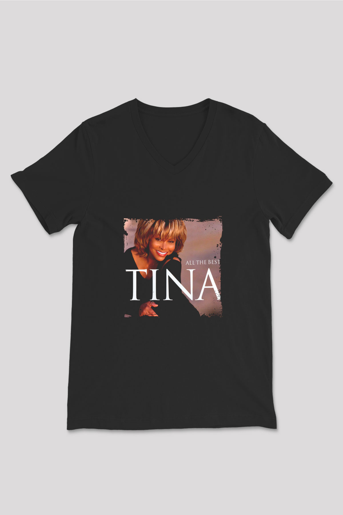 Tine Turner Baskılı Unisex Siyah V Yaka Tişört