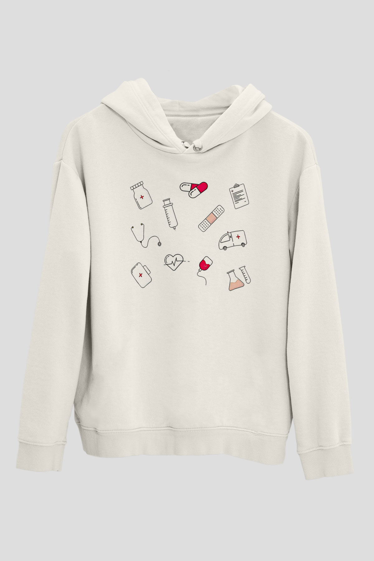 Tıp Bayramı Baskılı Beyaz Unisex Kapüşonlu Sweatshirt