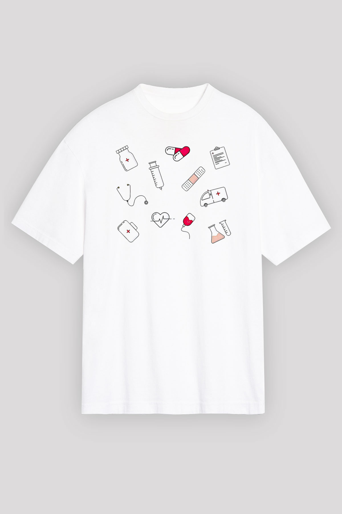 Tıp Bayramı Baskılı Beyaz Unisex Oversize Tişört - Tshirt