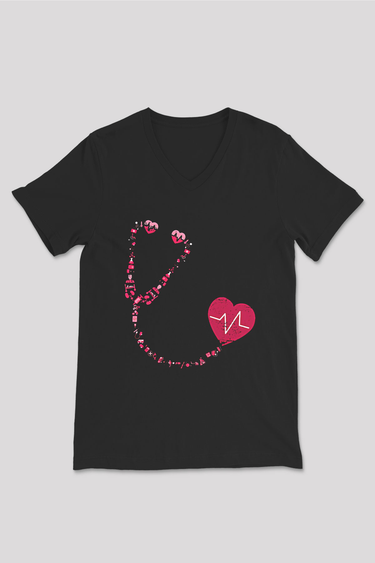 Tıp Bayramı Baskılı Unisex Siyah V Yaka Tişört - Tshirt