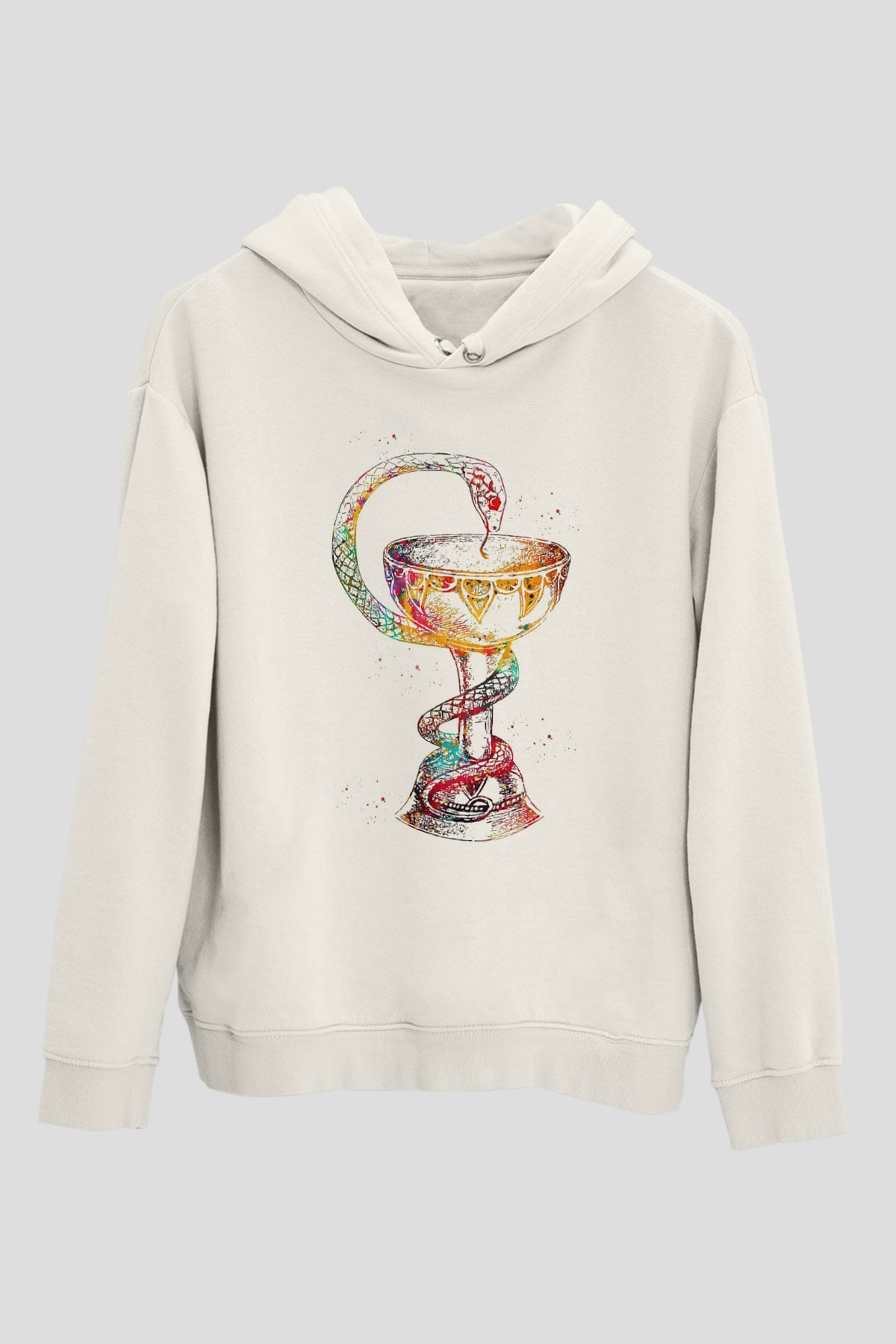 Tıp Sembolü Yılan Baskılı Unisex Ekru Hoodie